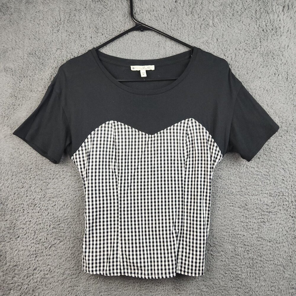 Womens Gingham Checkered Black White Tie Back Yoke Top X-Small Minimalist Casual